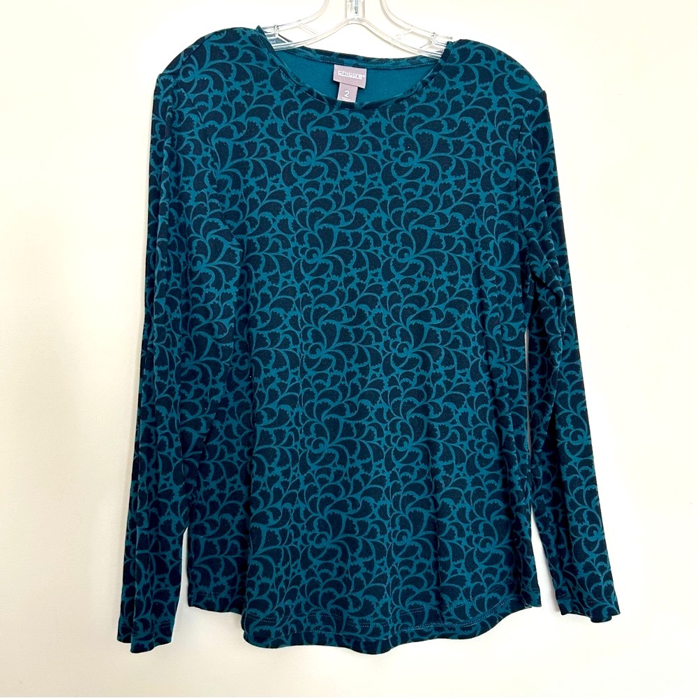Chico's Women’s Black and Teal Floral Long Sleeve Blouse